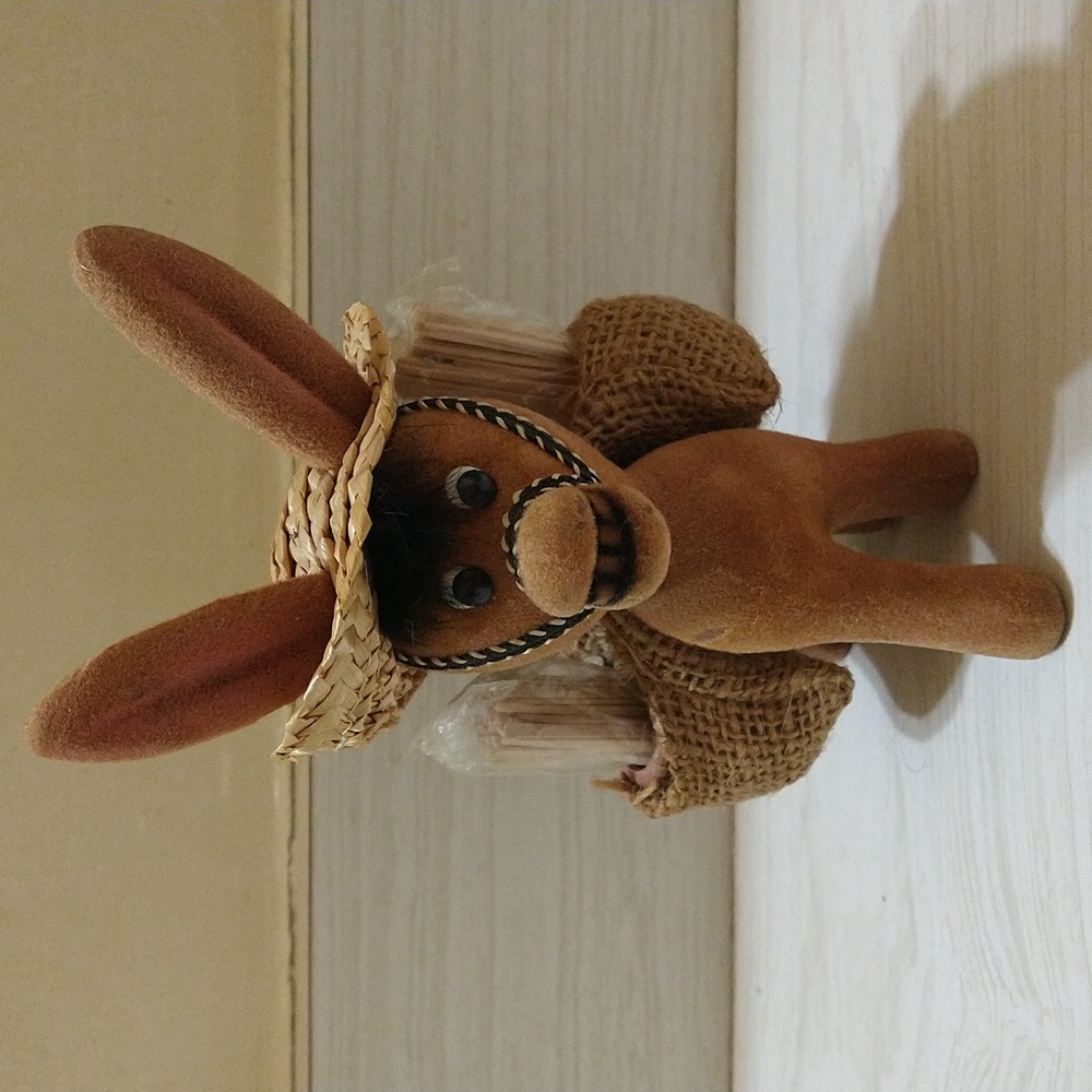 Vintage Flocked Donkey Burro Figure Toothpick Holder Sealed Toothpicks Hong Kong